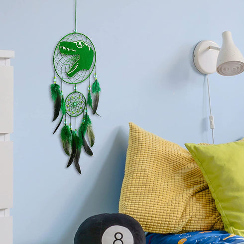 Basumee Dinosaur Dream Catcher for Kids Feather Dream Catchers Handmade Home D©cor Wall Hanging with Double Ring for Nursery Bedroom Boy Birthday Gift, Green