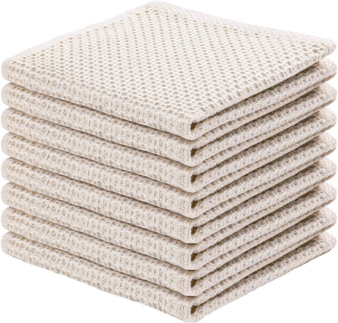 100% Cotton Kitchen Dish Cloths, 8-Pack Waffle Weave Ultra Soft Absorbent Dish Towels Washcloths Quick Drying Dish Rags, 12x12 Inches, Beige