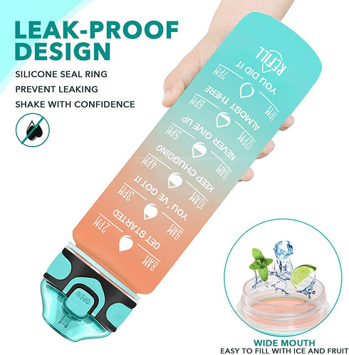 Enerbone 32 OZ Water Bottle with Times to Drink and Straw, Leakproof BPA & Toxic Free, Drinking Water Bottle with Carrying Strap, Ensure You Drink Enough Water for Fitness and Outdoor, Orange-Green