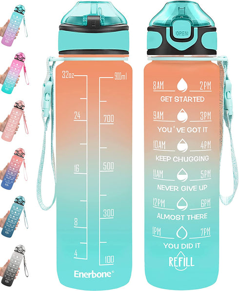 Enerbone 32 OZ Water Bottle with Times to Drink and Straw, Leakproof BPA & Toxic Free, Drinking Water Bottle with Carrying Strap, Ensure You Drink Enough Water for Fitness and Outdoor, Orange-Green