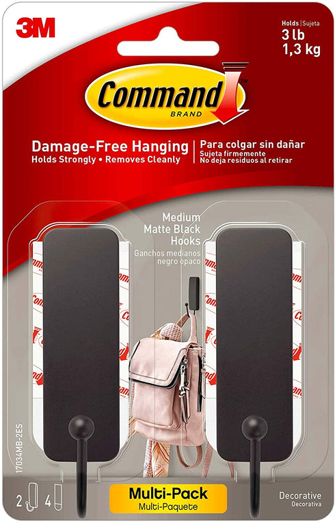 Command Medium Matte Black Decorative Hook, 2-Hooks, 4-Strips Per Pack, Decorate Damage-Free