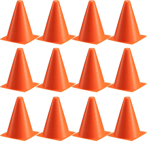 Traffic Cones and Racing Checkered Flags - (24 Pcs) 12 - Black and White Flags on Sticks and 12 7-Inch Mini Orange Sports Safety Cones for Kids - Race Car Theme Birthday Party Supplies