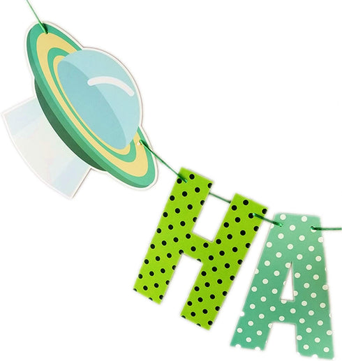 YiiiGoood Green Alien Theme Happy Birthday Banner Say Hello to Humans Banner Outer Space UFO Banner for Baby Shower First Birthday Party Decorations Supplies