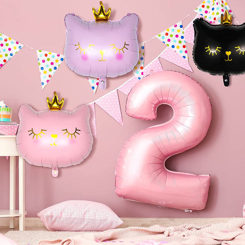 8 Pieces Crown Cat Foil Balloons Cute Kitty Cat Birthday Balloons Animal Balloons for Girls Kitten Pet Cat Birthday Party Supplies Decorations, Pink and Black