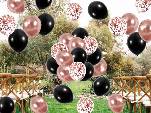 Chrome Metallic Rose Gold and Black Confetti Balloons 55 pcs 12 inch Thick Latex Balloons for Rose Gold Black Baby Bridal Shower,Women Girls Rose Gold and Black Birthday Party Decorations graduation party Supplies