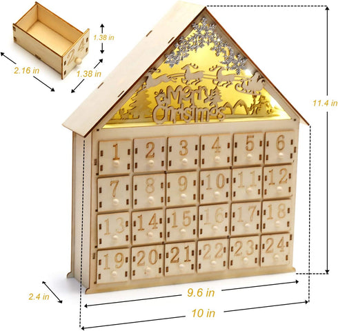 CCINEE Christmas Wooden Advent Calendar with LED Light 24 Storage Drawers Christmas Countdown Calendar for Holiday Decoration