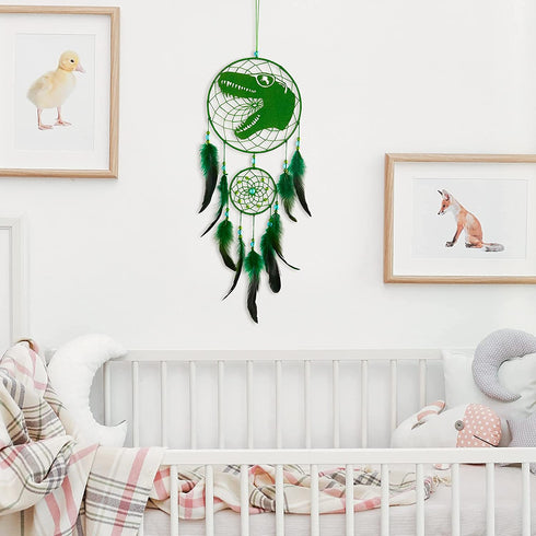 Basumee Dinosaur Dream Catcher for Kids Feather Dream Catchers Handmade Home D©cor Wall Hanging with Double Ring for Nursery Bedroom Boy Birthday Gift, Green