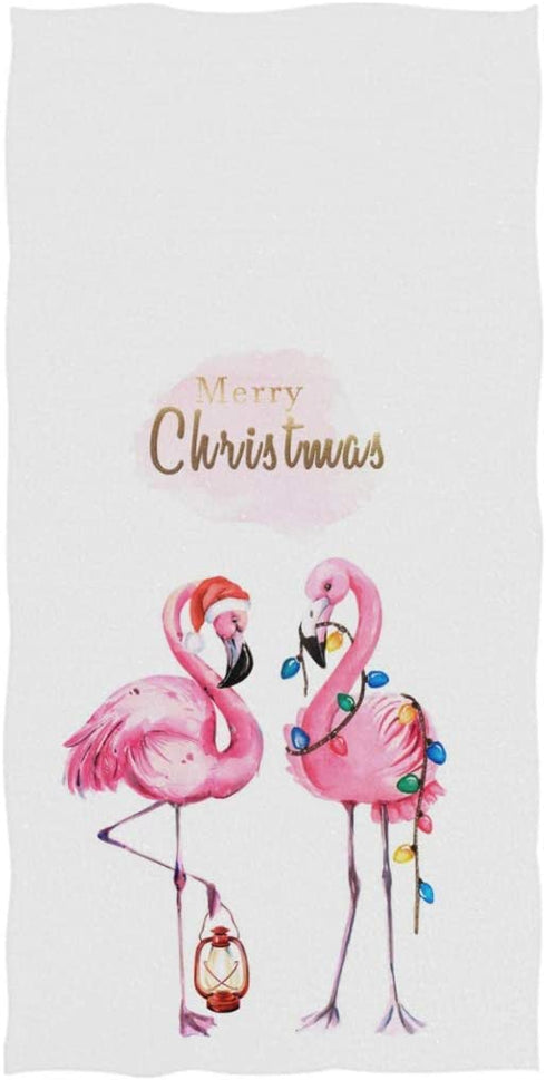 Trendy Beautiful Couple Flamingo with Santa's Hat Christmas Decor Soft Guest Large Home Hand Towels Multipurpose for Bathroom, Hotel, Gym and Spa (27.5"X17.5",White)