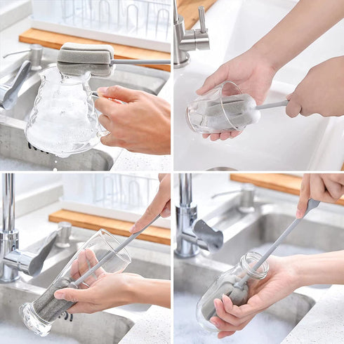 4 Pack Soft Sponge Bottle Cleaner Brush, Grey Plastic Handle Wine Glass Cup Brush Scrubber, Washing Brush Vase Bottle Pot Cleaning Brush with Traceless Hook, Long and Small Size 10€? 15€?