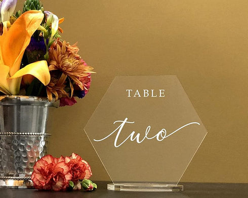 XIAOYUE 5 Sets Acrylic Blanks Hexagon with Stand,DIY Clear Wedding Signs,Personalized Hand Lettered Table Numbers (2.5'')