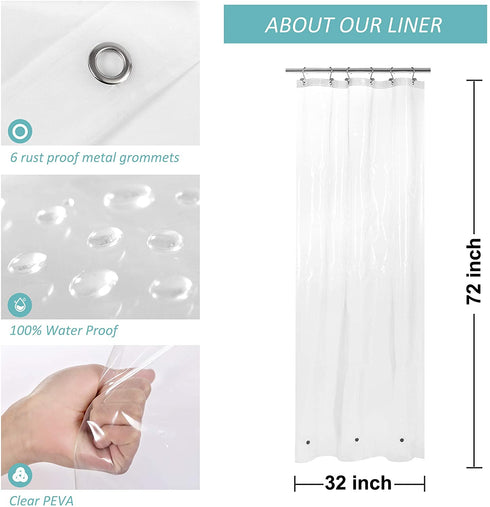 Mrs Awesome 32x72 Narrow Stall Shower Curtain Liner with 3 Magnets Clear PEVA 8G Thick & Heavy Duty, Waterproof, 32 x 72 inches, Clear