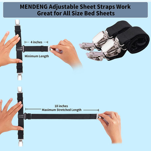 MENDENG 4PCS Black Sheet Straps with Clips Sheet Holders for Corners Suspender Bed Sheet Fasteners