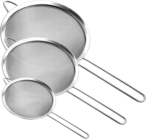 Fine Mesh Strainer, Stainless Steel Fine Mesh Sieve, Set of 3 Small Strainers Fine Mesh for Kitchen, Silver Colander Sieve Sifter with Long Handle, 3.2", 5.3", 7.8"