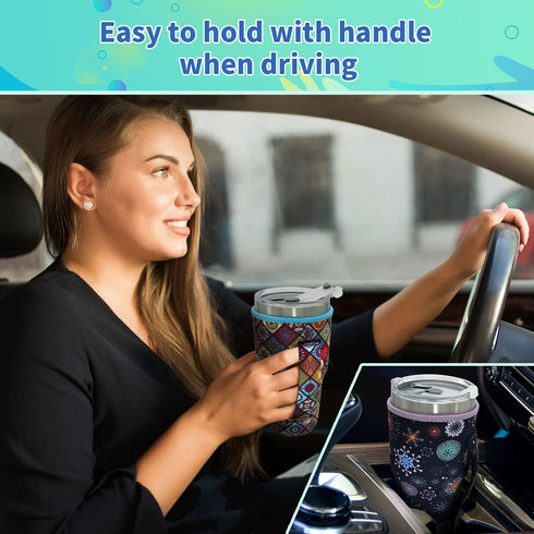 Reusable Iced Coffee Cup Sleeve Neoprene Insulated Sleeves Cup Holder with handle Idea for 30oz - 32oz Tumbler Cups, protein shake bottles(Only Cup Sleeves)(Bright Floral)