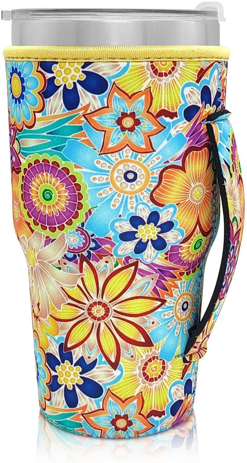 Reusable Iced Coffee Cup Sleeve Neoprene Insulated Sleeves Cup Holder with handle Idea for 30oz - 32oz Tumbler Cups, protein shake bottles(Only Cup Sleeves)(Bright Floral)