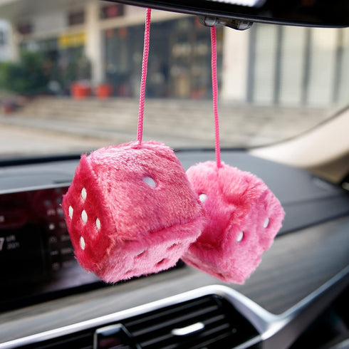 YGMONER Pair of Retro Square Mirror Hanging Couple Fuzzy Plush Dice with Dots for Car Decoration (Pink)