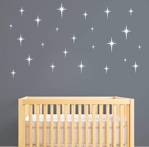 Retro Star Vinyl Wall Decals, Starbursts Wall Stickers for Nursery, Kids Room Wall Decals, Unique Wall Decals for Baby Girls Boys Bedroom, Nursery Decor Y10 (White)
