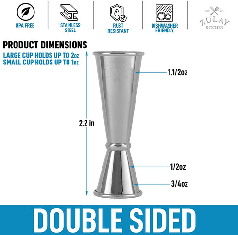 Premium Japanese Style Double Cocktail Jigger, 18/8 Food-Grade Stainless Steel, 1oz-2oz Etched Markings With Incremental Gradations, Beautiful Jiggers Shot Pourer Measuring Tool - By Zulay Kitchen