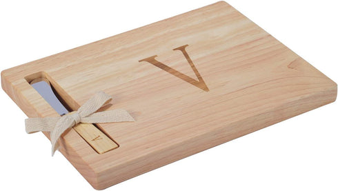 Monogram Oak Wood Cheese Board With Spreader,V-Initial (V)