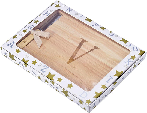 Monogram Oak Wood Cheese Board With Spreader,V-Initial (V)