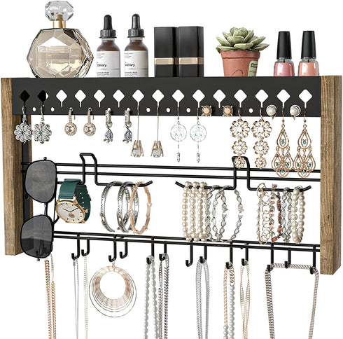 Rustic Wood Wall Mount Jewelry Organizer with Metal Hooks for Necklaces Earrings and Bracelets (Wood) : MK460A