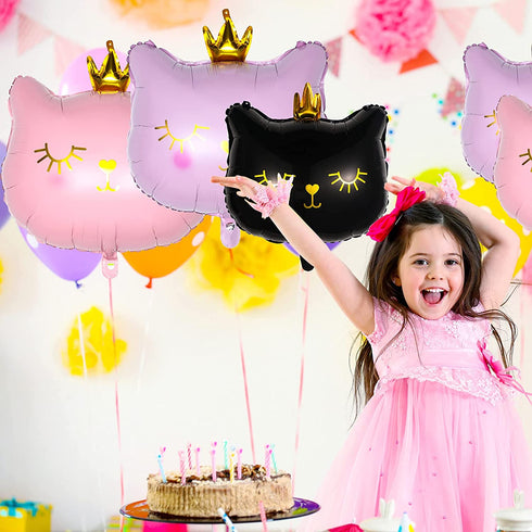 8 Pieces Crown Cat Foil Balloons Cute Kitty Cat Birthday Balloons Animal Balloons for Girls Kitten Pet Cat Birthday Party Supplies Decorations, Pink and Black