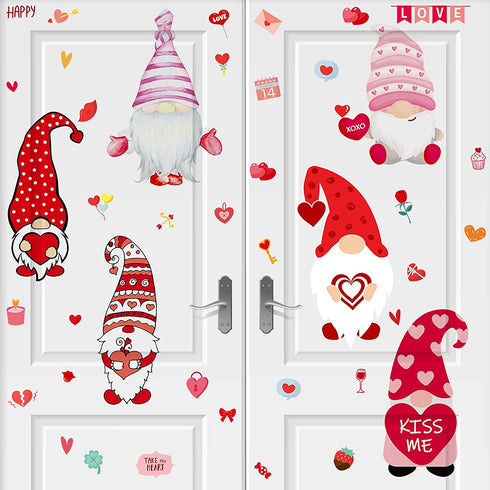 9 Sheets Valentines Day Decor Gnome Wall Stickers Valentines Wall Decals Heart Gnomes Window Stickers Gnomes Wall Vinyl Stickers for Living Room Bedroom Home Art Decor