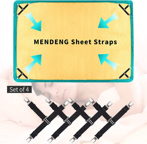 MENDENG 4PCS Black Sheet Straps with Clips Sheet Holders for Corners Suspender Bed Sheet Fasteners