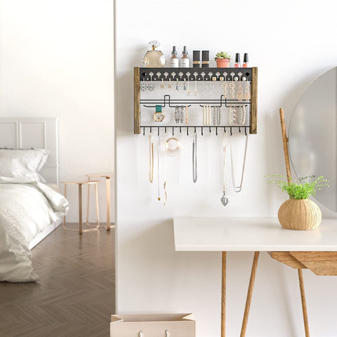 Rustic Wood Wall Mount Jewelry Organizer with Metal Hooks for Necklaces Earrings and Bracelets (Wood) : MK460A