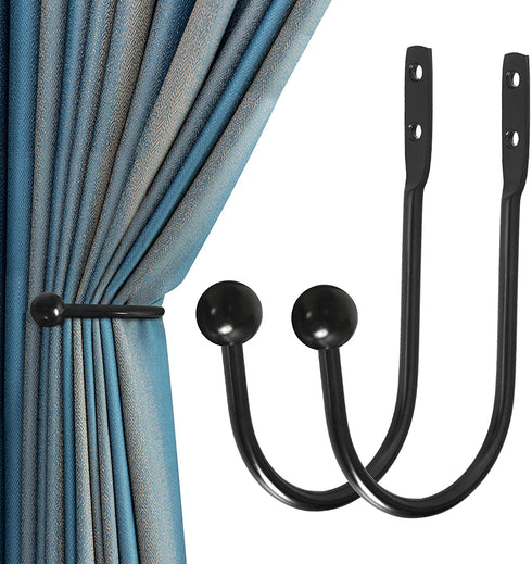 Curtain Holdback, 2pcs Wall Mounted Drapery Tiebacks with Screws, Heavy Duty Metal Decorative Window Drapery Holder Curtain Hook, Black