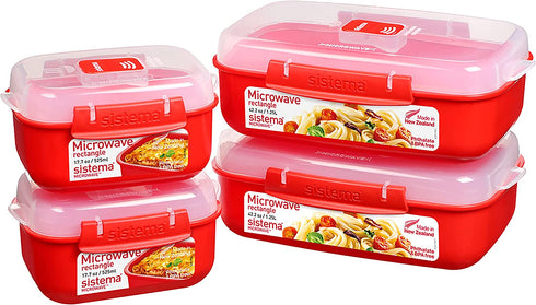 Sistema Heat and Eat 4 Rectangular Food Containers with Lids 1.25L + 2X 525ml | Locking Clips & Steam Release Vents | BPA-Free Microwave Set, 2x 1.25 Litre + 2x 525 ml, Red