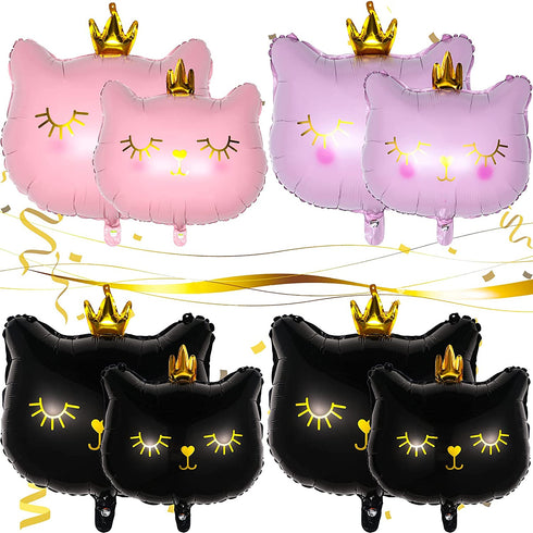 8 Pieces Crown Cat Foil Balloons Cute Kitty Cat Birthday Balloons Animal Balloons for Girls Kitten Pet Cat Birthday Party Supplies Decorations, Pink and Black