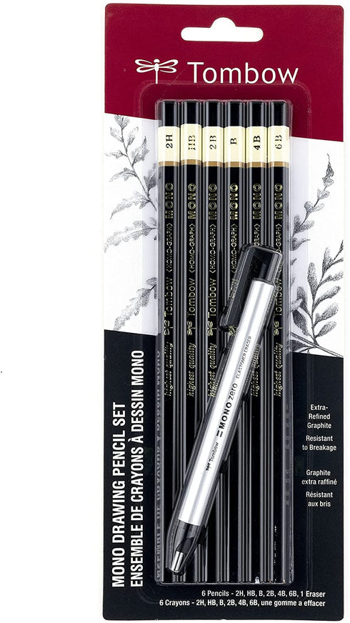 Tombow 61002 MONO Drawing Pencil Set, Combo 6-Pack. Professional Quality Graphite Pencil Set with Precision Zero Eraser