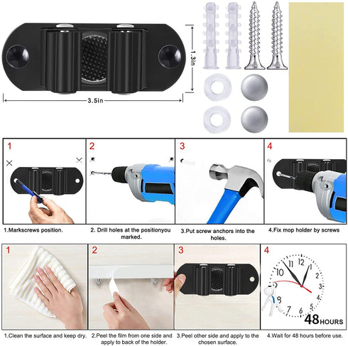 HYRIXDIRECT Mop and Broom Holder Wall Mount Heavy Duty Stainless Steel Wall Mounted Broom Organizer Laundry Room Home Garden Garage Storage and Organization Rack (Black)