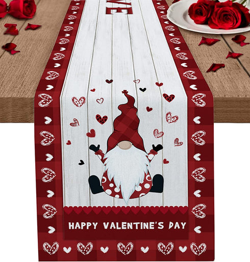 Valentine's Day Cute Gnome 90 Inches Long Table Runner for Dining Room, Rustic Wood Cotton Linen Tablecloth Runners, Farmhouse Table Setting Decor for Wedding Party Holiday Home, Machine Washable.