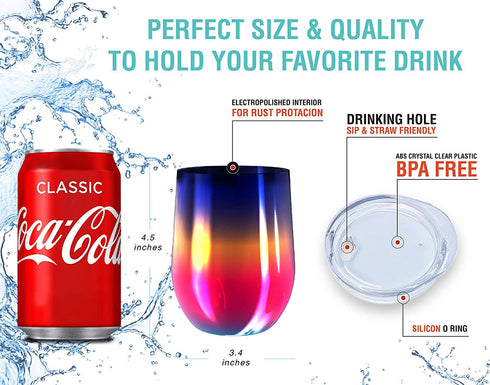 CHILLOUT LIFE Stainless Steel Wine Tumblers 2 Pack 12 oz - Double Wall Vacuum Insulated Wine Cups with Lids and Straws Set for Coffee, Wine, Cocktails (Rainbow)