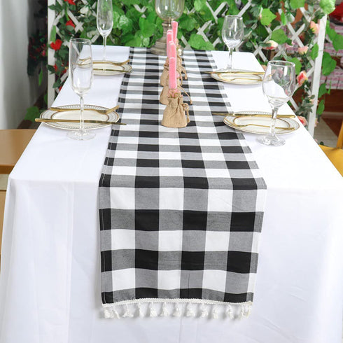 Partisout Buffalo Check Table Runner Checked Table Runner with Tassel Bluffalo Plaid Table Runners Washable Cotton Linen Table Cover Gingham Table Runners (14x108 inch, Black and White)