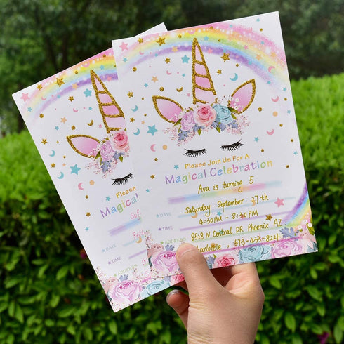 AMZTM Magical Unicorn Party Invitations with Envelopes for Kids Birthday Baby Shower Unicorn Party Supplies 20 Pieces of Fill-in Blank Invitation Card Kit