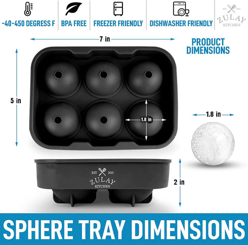 Zulay Kitchen Silicone Ice Cube Trays Set of 2 - Large Square Ice Cube Molds and Sphere Ice Ball Maker with Lid - BPA Free Reusable Ice Mold For Whiskey, Cocktails, Bourbon (Black)