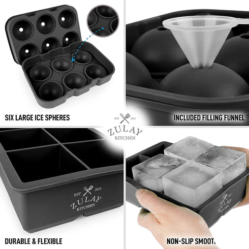 Zulay Kitchen Silicone Ice Cube Trays Set of 2 - Large Square Ice Cube Molds and Sphere Ice Ball Maker with Lid - BPA Free Reusable Ice Mold For Whiskey, Cocktails, Bourbon (Black)