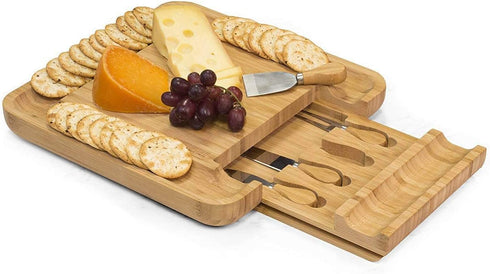 COMMERCIAL CHEF Cheese Board Premium Bamboo Kitchen Cutting Board Wood Set Charcuterie Platter Serving Tray, 4 Stainless Steel Knife and Server Set, Large
