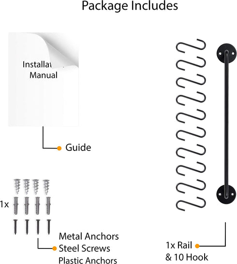Wallniture Cucina 16" Wall Mount Kitchen Organization and Storage Rail with 10 S Hooks for Hanging Pots and Pans Set and Lid Organizer, Black