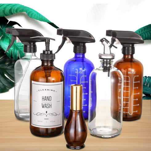 16-Ounce Glass Mouthwash Dispenser - Clear Glass Bottle with Pour Spout, Shot Glass, Funnel and Labels, Refillable Boston Round Bottles - 2 Pack