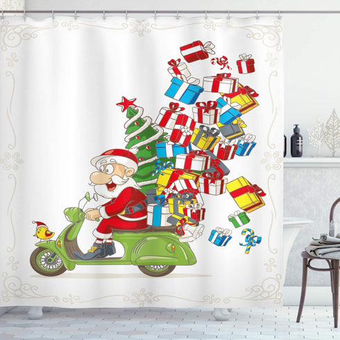 Ambesonne Christmas Shower Curtain, Santa on Motorbike Scooter with Tree and Gifts Funny Cartoon Style Bird, Cloth Fabric Bathroom Decor Set with Hooks, 69" W x 70" L, White Green and Red