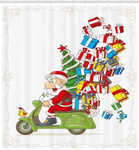 Ambesonne Christmas Shower Curtain, Santa on Motorbike Scooter with Tree and Gifts Funny Cartoon Style Bird, Cloth Fabric Bathroom Decor Set with Hooks, 69" W x 70" L, White Green and Red