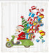 Ambesonne Christmas Shower Curtain, Santa on Motorbike Scooter with Tree and Gifts Funny Cartoon Style Bird, Cloth Fabric Bathroom Decor Set with Hooks, 69" W x 70" L, White Green and Red