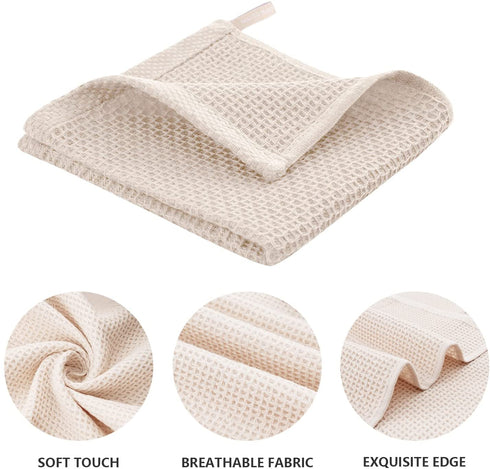 100% Cotton Kitchen Dish Cloths, 8-Pack Waffle Weave Ultra Soft Absorbent Dish Towels Washcloths Quick Drying Dish Rags, 12x12 Inches, Beige