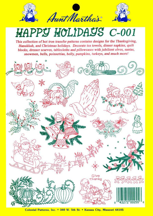 Aunt Martha's Happy Holidays Iron On Transfer Pattern Collection, Thanksgiving and Christmas Motifs