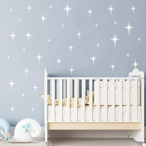 Retro Star Vinyl Wall Decals, Starbursts Wall Stickers for Nursery, Kids Room Wall Decals, Unique Wall Decals for Baby Girls Boys Bedroom, Nursery Decor Y10 (White)