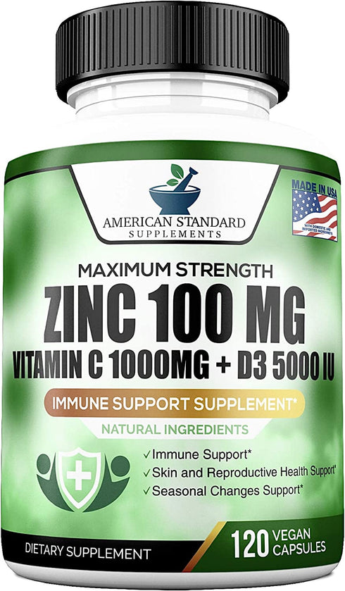 Zinc 100mg, Vitamin C 1000mg, Vitamin D 5000IU per Serving, Immune Support for Adults, Immune System Booster Supplements, Non GMO, No Filler, No Stearate, 120 Vegan Capsules, 60 Day Supply
